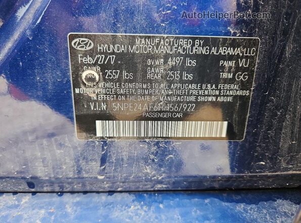 5NPE24AF6HH567922 2017 HYUNDAI SONATA Blue Շարժիչի բաժամունքի տեսք
