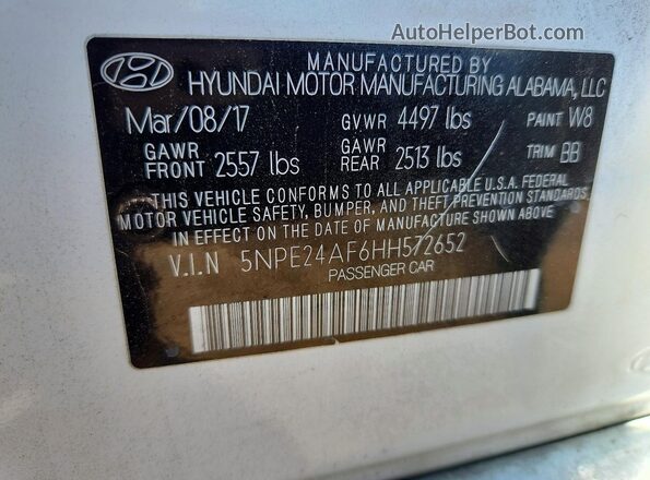 5NPE24AF6HH572652 2017 HYUNDAI SONATA White VIN կոդի պիտակի տեսք