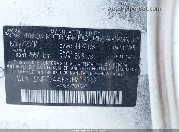 5NPE24AF6JH603968 2018 HYUNDAI SONATA White Вид підкапотного простору
