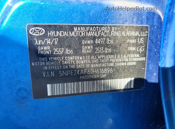 5NPE24AF6JH616896 2018 HYUNDAI SONATA Blue Vista del compartimento del motor