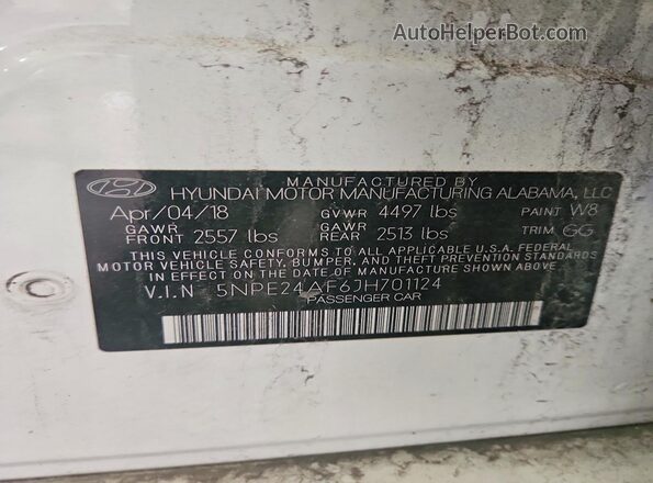 5NPE24AF6JH701124 2018 HYUNDAI SONATA White Widok komory silnika