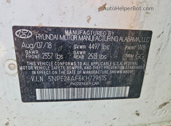 5NPE24AF6KH729815 2019 HYUNDAI SONATA White ძრავის განყოფილების ხედი