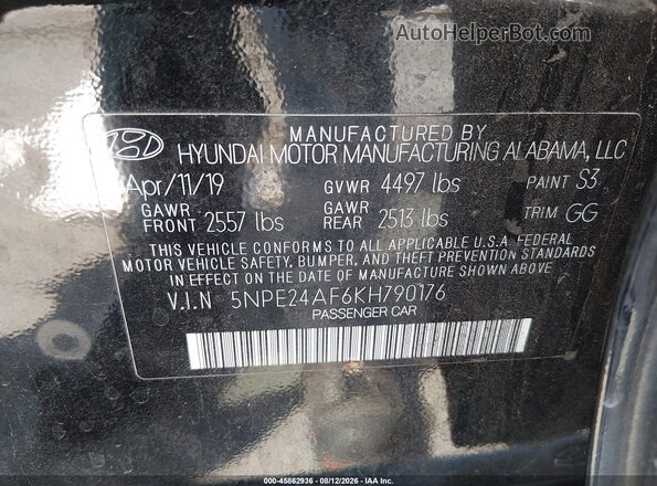 5NPE24AF6KH790176 2019 HYUNDAI SONATA Черный Вид подкапотного пространства