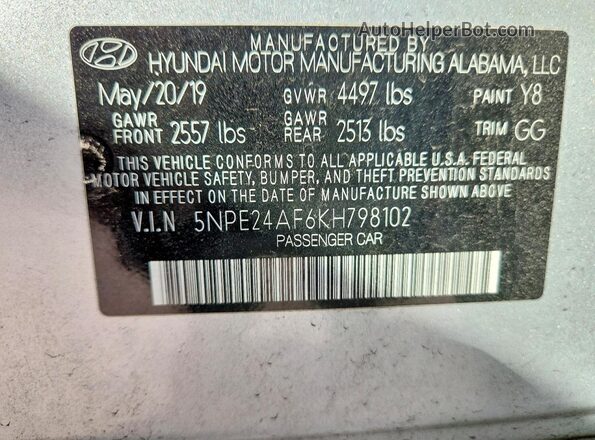 5NPE24AF6KH798102 2019 HYUNDAI SONATA Silver Vista del compartimento del motor