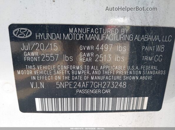 5NPE24AF7GH273248 2016 HYUNDAI SONATA White Вид підкапотного простору