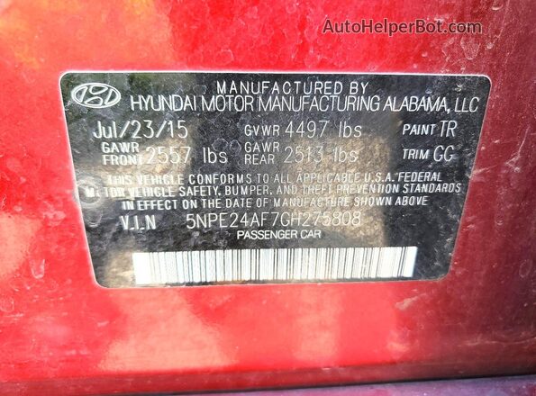 5NPE24AF7GH275808 2016 HYUNDAI SONATA Maroon Շարժիչի բաժամունքի տեսք