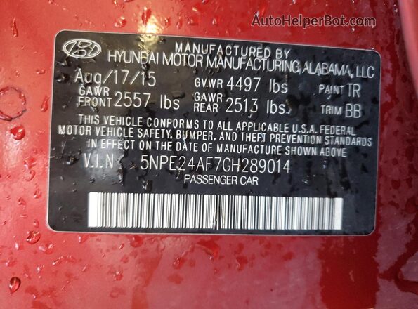 5NPE24AF7GH289014 2016 HYUNDAI SONATA Red Widok komory silnika