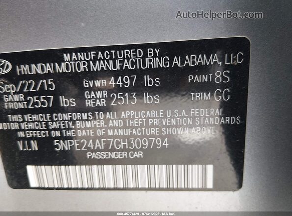 5NPE24AF7GH309794 2016 HYUNDAI SONATA Silver Widok komory silnika