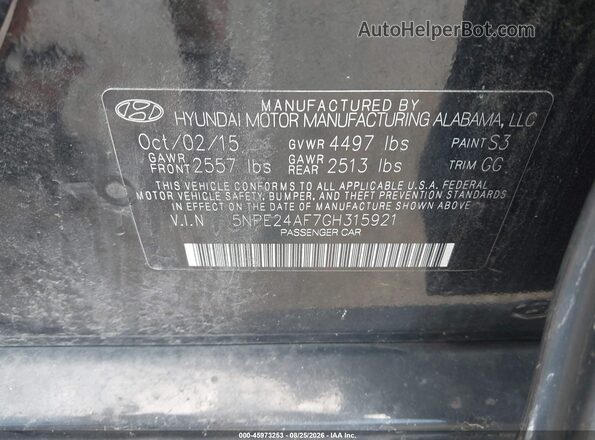 5NPE24AF7GH315921 2016 HYUNDAI SONATA Black Vista del compartimento del motor