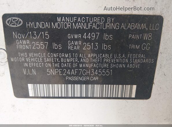 5NPE24AF7GH345551 2016 HYUNDAI SONATA White ძრავის განყოფილების ხედი