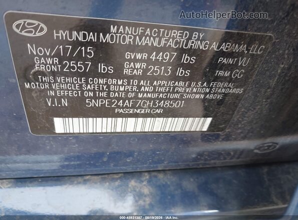 5NPE24AF7GH348501 2016 HYUNDAI SONATA Dark Blue ძრავის განყოფილების ხედი