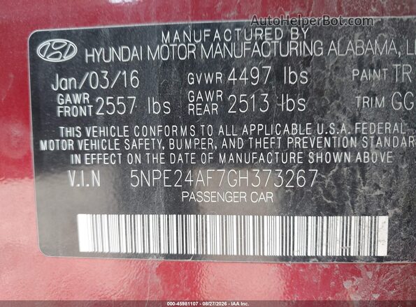 5NPE24AF7GH373267 2016 HYUNDAI SONATA Maroon ძრავის განყოფილების ხედი