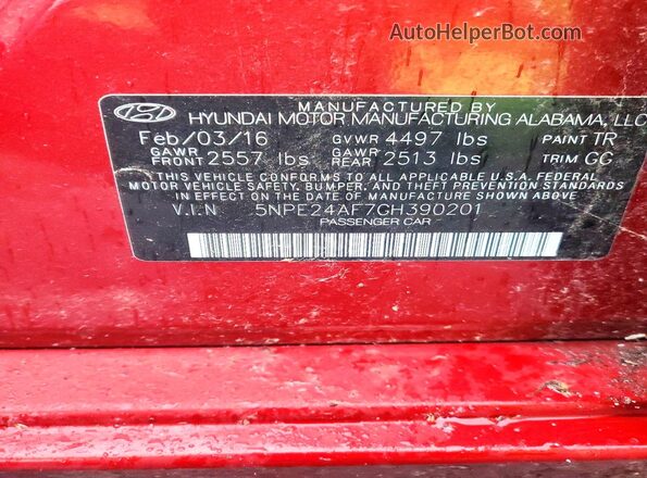 5NPE24AF7GH390201 2016 HYUNDAI SONATA Red Շարժիչի բաժամունքի տեսք