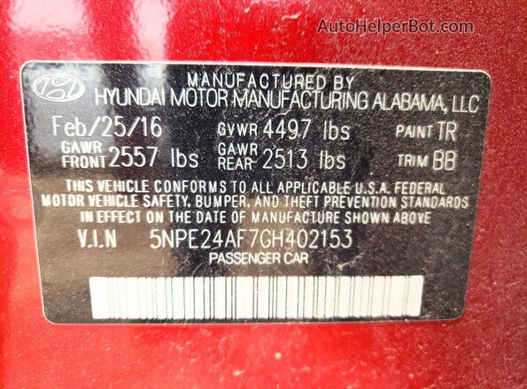 5NPE24AF7GH402153 2016 HYUNDAI SONATA Red Engine compartment view