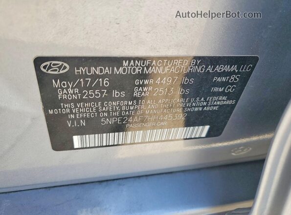 5NPE24AF7HH445392 2017 HYUNDAI SONATA Silver VIN կոդի պիտակի տեսք