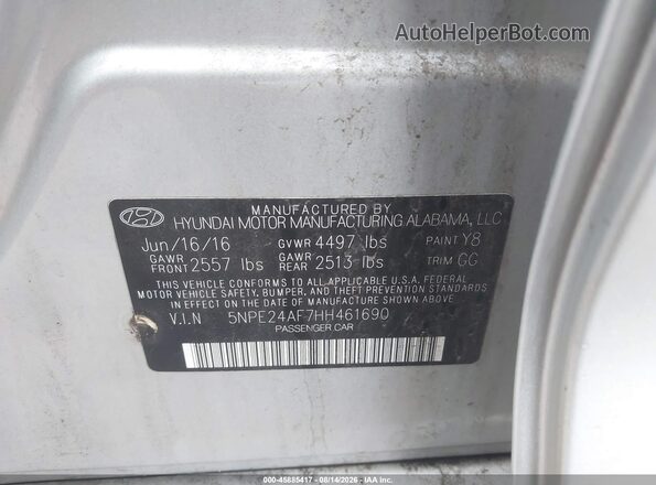 5NPE24AF7HH461690 2017 HYUNDAI SONATA Silver Вид підкапотного простору