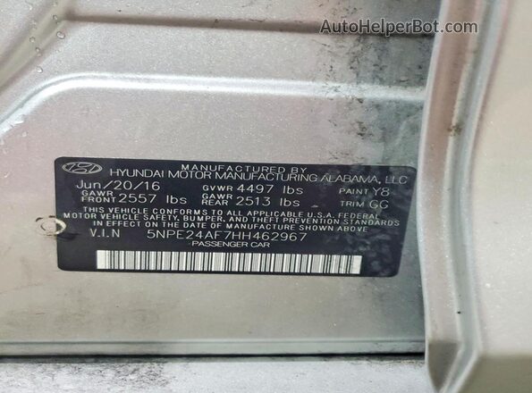 5NPE24AF7HH462967 2017 HYUNDAI SONATA Silver Vista del compartimento del motor