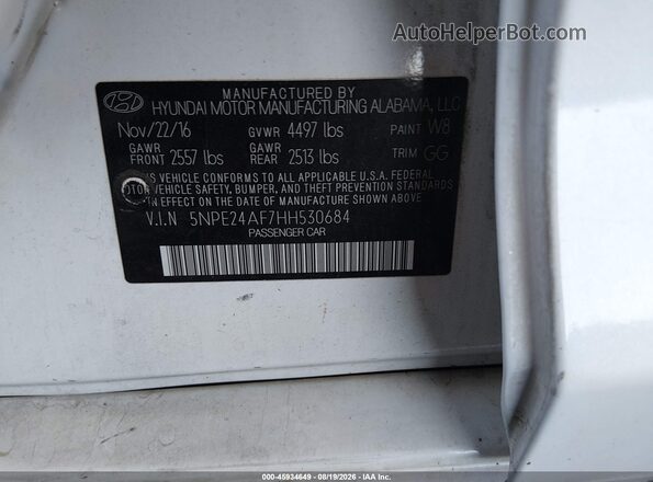5NPE24AF7HH530684 2017 HYUNDAI SONATA White ძრავის განყოფილების ხედი