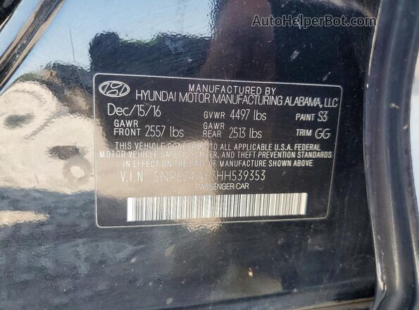 5NPE24AF7HH539353 2017 HYUNDAI SONATA Black Engine compartment view