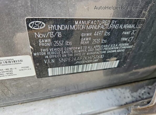 5NPE24AF7KH757610 2019 HYUNDAI SONATA Gray ძრავის განყოფილების ხედი