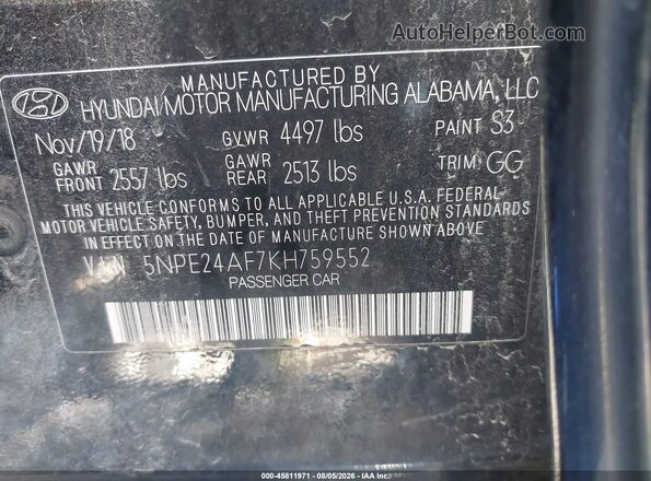 5NPE24AF7KH759552 2019 HYUNDAI SONATA Black Շարժիչի բաժամունքի տեսք