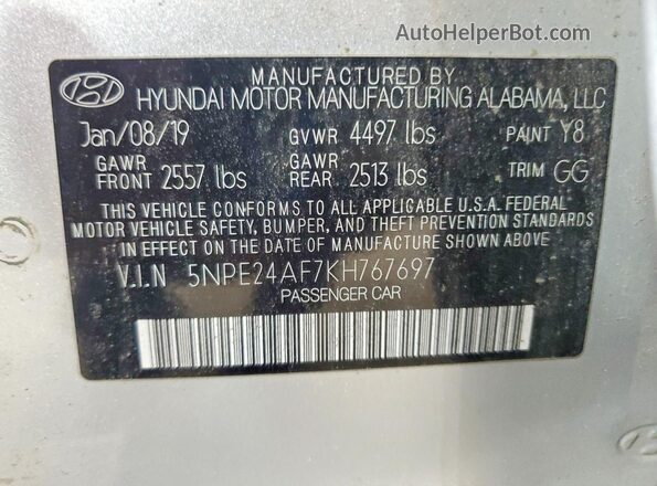 5NPE24AF7KH767697 2019 HYUNDAI SONATA Silver ძრავის განყოფილების ხედი