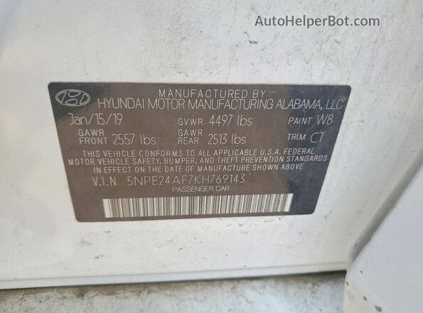 5NPE24AF7KH769143 2019 HYUNDAI SONATA White VIN sticker view