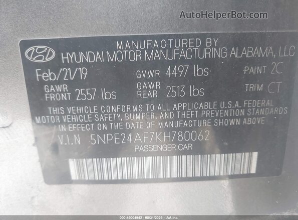 5NPE24AF7KH780062 2019 HYUNDAI SONATA Silver Вид підкапотного простору