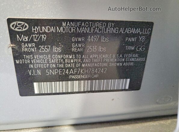 5NPE24AF7KH784242 2019 HYUNDAI SONATA Silver Շարժիչի բաժամունքի տեսք
