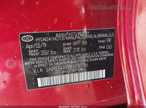 5NPE24AF7KH787786 2019 HYUNDAI SONATA Burgundy Engine compartment view