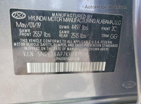 5NPE24AF7KH792860 2019 HYUNDAI SONATA Серый Вид подкапотного пространства