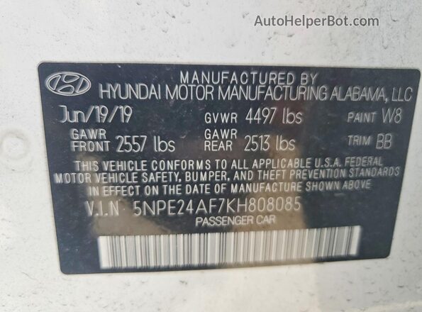 5NPE24AF7KH808085 2019 HYUNDAI SONATA White Շարժիչի բաժամունքի տեսք