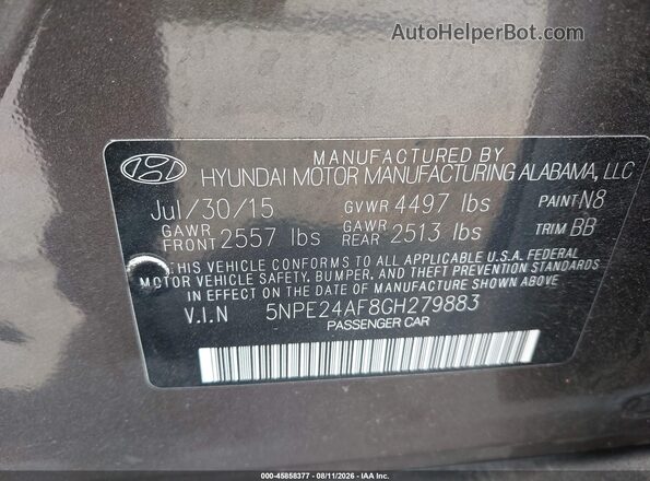 5NPE24AF8GH279883 2016 HYUNDAI SONATA Gray Widok komory silnika