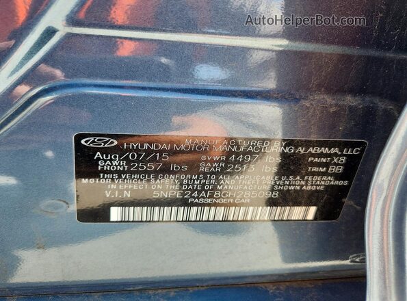 5NPE24AF8GH285098 2016 HYUNDAI SONATA Blue Вид підкапотного простору