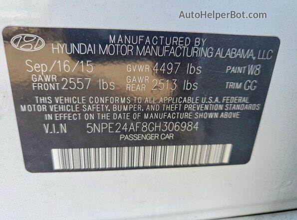 5NPE24AF8GH306984 2016 HYUNDAI SONATA White Vista del compartimento del motor