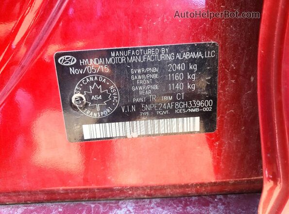 5NPE24AF8GH339600 2016 HYUNDAI SONATA Red Vista de la etiqueta del VIN