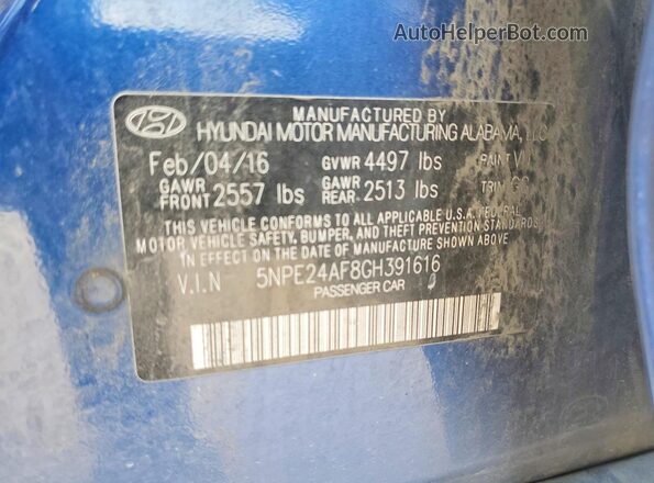 5NPE24AF8GH391616 2016 HYUNDAI SONATA Blue Շարժիչի բաժամունքի տեսք