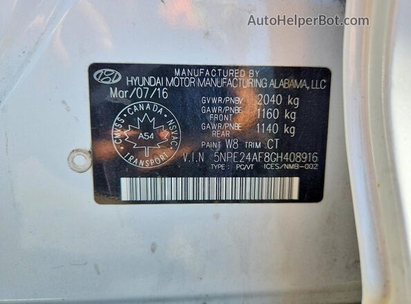 5NPE24AF8GH408916 2016 HYUNDAI SONATA White Շարժիչի բաժամունքի տեսք