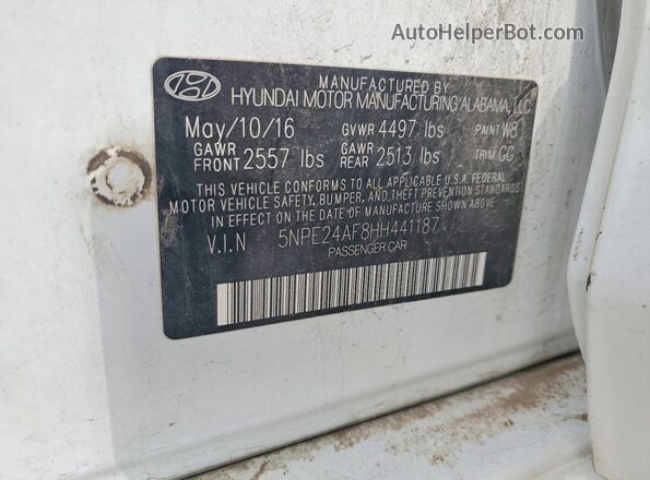 5NPE24AF8HH441187 2017 HYUNDAI SONATA White VIN կոդի պիտակի տեսք