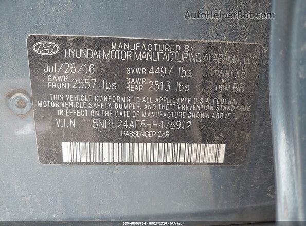 5NPE24AF8HH476912 2017 HYUNDAI SONATA Blue Շարժիչի բաժամունքի տեսք