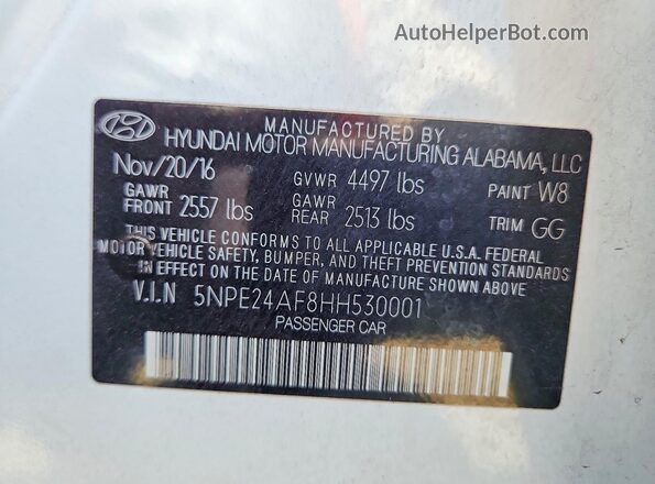 5NPE24AF8HH530001 2017 HYUNDAI SONATA White Widok komory silnika