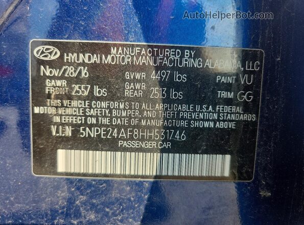 5NPE24AF8HH531746 2017 HYUNDAI SONATA Blue Вид підкапотного простору