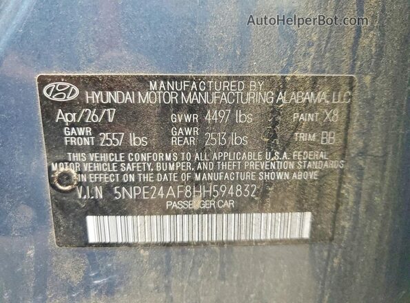 5NPE24AF8HH594832 2017 HYUNDAI SONATA Синий Вид подкапотного пространства