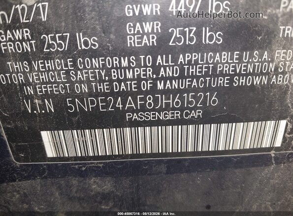 5NPE24AF8JH615216 2018 HYUNDAI SONATA Blue Vista del compartimento del motor