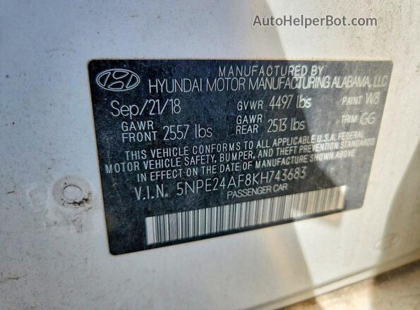 5NPE24AF8KH743683 2019 HYUNDAI SONATA White VIN კოდის სტიკერის ხედი