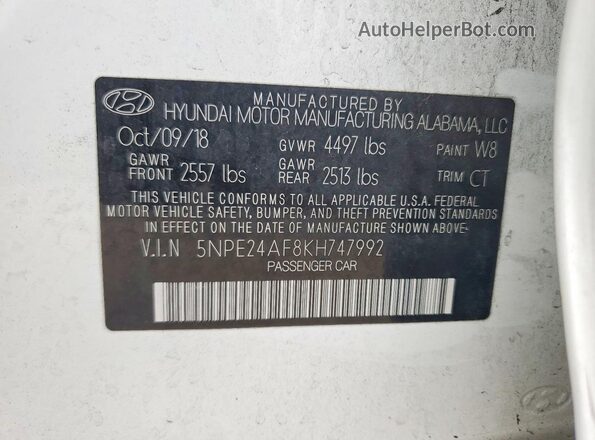 5NPE24AF8KH747992 2019 HYUNDAI SONATA White Շարժիչի բաժամունքի տեսք