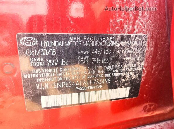 5NPE24AF8KH753498 2019 HYUNDAI SONATA Red Engine compartment view
