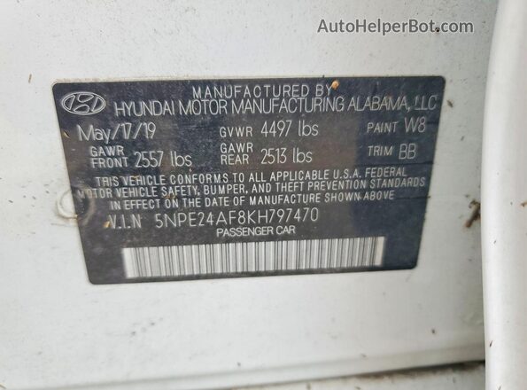 5NPE24AF8KH797470 2019 HYUNDAI SONATA White Widok komory silnika