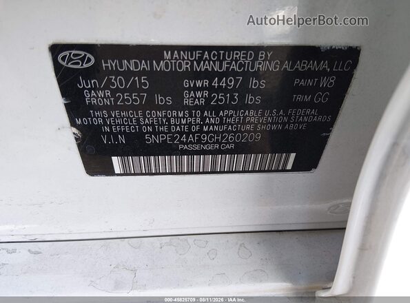 5NPE24AF9GH260209 2016 HYUNDAI SONATA White Engine compartment view
