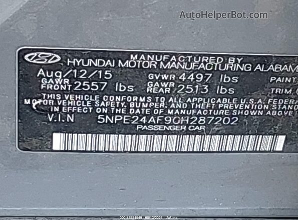 5NPE24AF9GH287202 2016 HYUNDAI SONATA Silver ძრავის განყოფილების ხედი